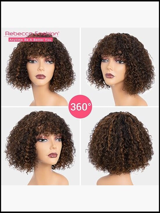 10 Inch Short Curly Water Wave Bob Wig Human Hair With Bangs Glueless 150% main image 7